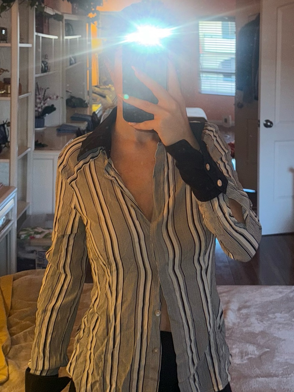 Bebe Grey & White Vertical Stripe Blouse